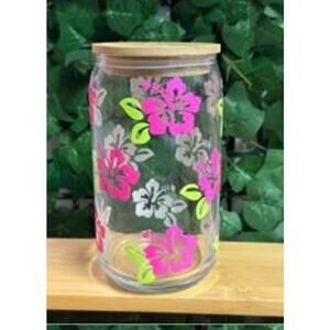 Hibiscus Flower Color Changing Glass Can with Bamboo Lid and Glass Straw 16oz